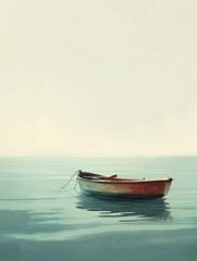Fototapeta premium A Minimal Illustration Of A Small Boat On A Vast Ocean With A Muted Color Palette