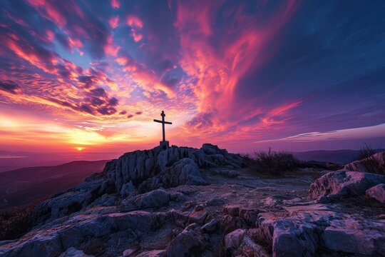 A chorus of celestial colors sings over Golgotha Hill, with the holy cross embraced by a sky that tells of pain endured and the triumph of resurrection.