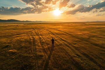 Aerial view of a man praying in a vast open field at sunset, his small figure a powerful symbol of faith and humility in the universe.
