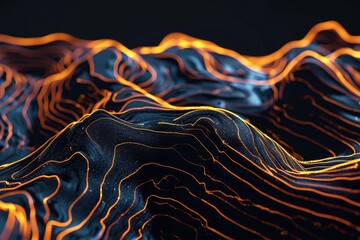 An abstract topographic journey, with lines that twist and turn, leading the viewer over imaginary terrains and through darkened valleys, endlessly looped in 4K.