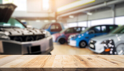 Fototapeta premium Wood table top with Car repair service centre interior blurred background. For create montage auto product display.