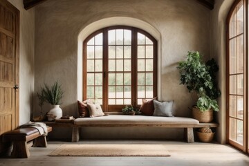 Farmhouse Bohemian interior home design of modern entrance hall with old plant vase, rustic wooden bench and old window near old wall plaster
