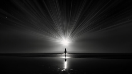 Une silhouette de femme marche sur la plage en se dirigeant vers la lumière qui illumine l'horizon au-delà de l'océan - obrazy, fototapety, plakaty