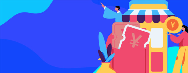 Holiday shopping people doing e-commerce online shopping flat vector concept operation hand drawn illustration
