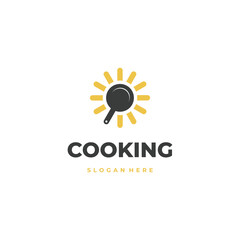Frying pan combine with sun logo, sunrise or sunset cooking concept