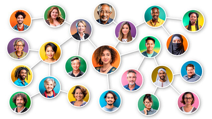 Diverse people. Social network or business team. All people are fictitious AI generated images. PNG format with transparency.