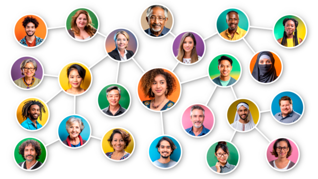 Diverse people. Social network or business team. All people are fictitious AI generated images. PNG format with transparency.