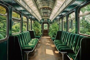 A train car with verdant seats and an emerald bench in the center. Generative AI