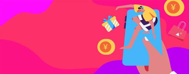 Holiday shopping people doing e-commerce online shopping flat vector concept operation hand drawn illustration
