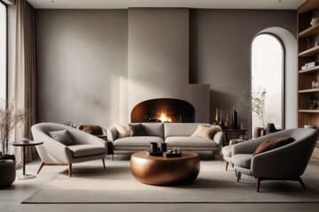 Interior home design of modern living room with sofa chairs and round coffee table with fireplace and decorative shelves