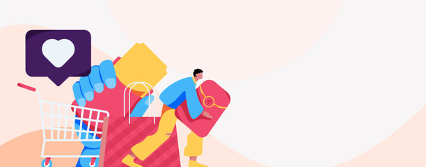 Holiday shopping people doing e-commerce online shopping flat vector concept operation hand drawn illustration
