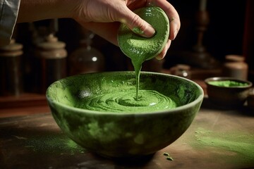 Pouring of green paste into bowl. Generative AI