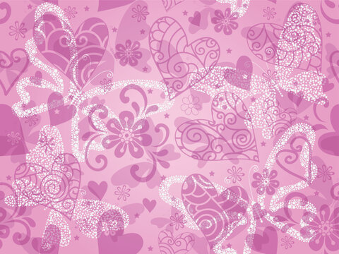 Vector Valentine seamless pattern with hend drawn hearts and butterflies on rose background