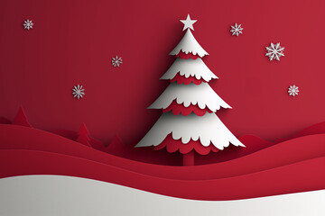 Merry christmas tree on red in paper cut background. Elements of new year day festival for card, cover.  Simple flat design in minimal design. Generative AI