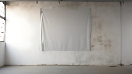 Room with a curtain as signboard. A very large white curtain on a white aesthetic wall featuring ample blank space for your content