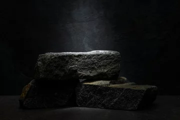 Fotobehang black stone podium for product presentation © serhii