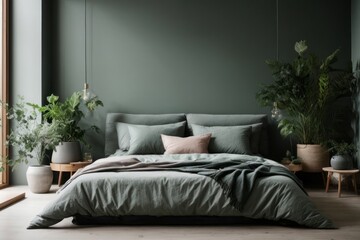 Nordic interior home design of modern bedroom with bed and empty wall with copy space - obrazy, fototapety, plakaty