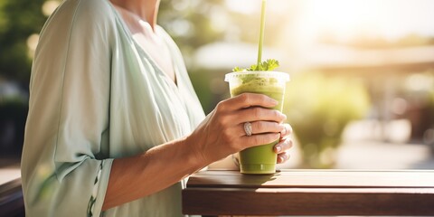 Woman enjoying green smoothie on sunny day. Healthy eating and lifestyle. - Powered by Adobe