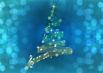 Christmas tree made of music notes and snowflakes against sheet with musical symbols. Bokeh effect
