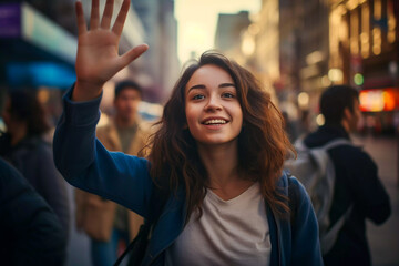 Attractive young woman on a busy street smiling as she waves hello to her boyfriend selective focus happy girl raising her hand city life people commuting urban portrait of young woman - obrazy, fototapety, plakaty