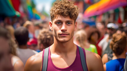Portrait of a good looking young man at LGBTQIA+ pride March young adult male supporting diversity at a gay pride meeting attractive young man supporting diversity and equality - obrazy, fototapety, plakaty
