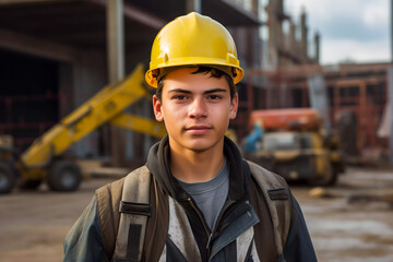 Portrait of a young male construction apprentice on a building site with heavy machinery young skilled building worker in yellow hard hat and safety clothes - obrazy, fototapety, plakaty