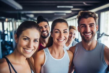Portrait of a group fit looking friends at the gymnasium girls  guys working out at the gym health and fitness wellbeing mind and body concept muscular friends at the health club - obrazy, fototapety, plakaty