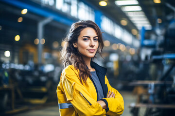 Portrait of a young woman production manager on the shop floor female automated factory manager warehouse manager for industrial and environment equipment - obrazy, fototapety, plakaty
