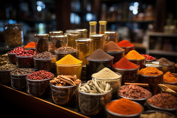 Fototapeta premium A diverse array of spices and herbs arranged in a market stall, offering a sensory journey into the world of culinary delights. Concept of gastronomic exploration. Generative Ai.