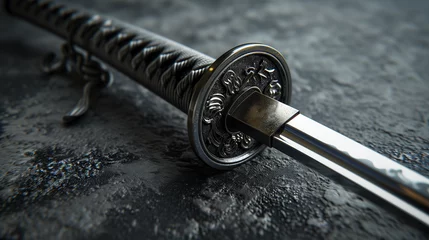 Tuinposter Detailed Close-up of a Traditional Katana Sword on Dark Stone Background © SMPTY
