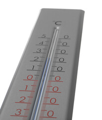 Modern grey weather thermometer on white background, closeup