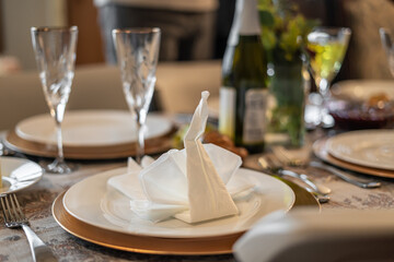 Pretty Folded Napkin Swan Lovely Table Spread for Family Holiday Dinner