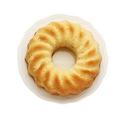 One tasty sponge cake isolated on white, top view