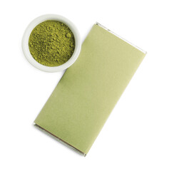 Tasty matcha chocolate bar in packaging and powder isolated on white, top view