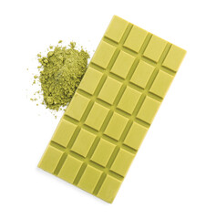 Tasty matcha chocolate bar and powder isolated on white, top view