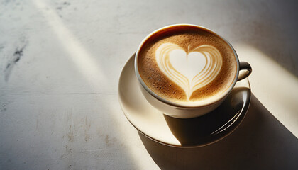 steaming cup of cappuccino adorned with a heart-shaped foam design on a saucer, symbolizing warmth and love - Powered by Adobe