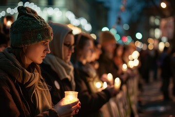 Group of Christians holding a prayer vigil in the city square, with lit candles and a banner of...