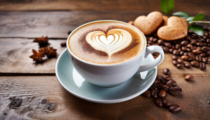 steaming cup of cappuccino adorned with a heart-shaped foam design on a saucer, symbolizing warmth and love