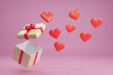 Open gift box with red hearts isolated on a pink background. 3d illustration.