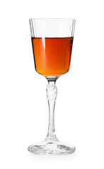 Liqueur glass with tasty amaretto isolated on white