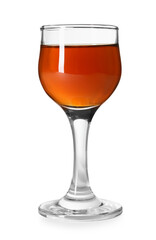 Liqueur glass with tasty amaretto isolated on white