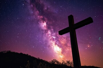 Silhouette of a wooden cross against a backdrop of the swirling Milky Way, with vibrant colors and the mystery of the cosmos unfolding. - obrazy, fototapety, plakaty