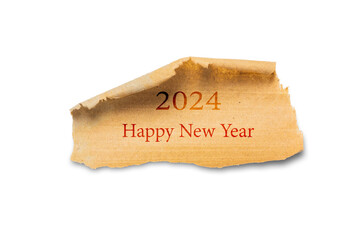 2024 year text, torn work paper texture background on the yellow background. old paper fire isolated on white background, clipping path