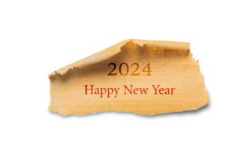 2024 year text, torn work paper texture background on the yellow background. old paper fire isolated on white background, clipping path