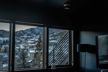 Inside Room Large Windows Dusk Blue Cold Snowy Mountain Window View
