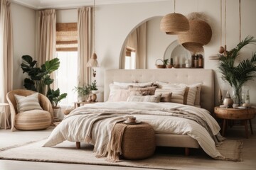 Bohemian interior home design of modern bedroom with bed with wooden cabinet beside the beige bed