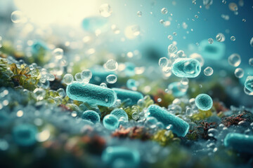 The microbial dynamics in a wastewater treatment plant, showcasing the transformative power of microorganisms in purifying water resources. Generative Ai.
