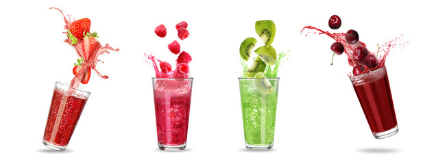 Fresh fruit juices splashing from glasses on white background, set