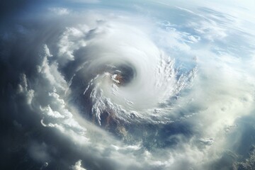 An aerial perspective of a powerful cyclone swirling amidst a cloud-filled sky. Generative AI
