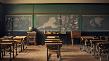Unused Classroom with Vintage Wooden Desks and Chalkboards